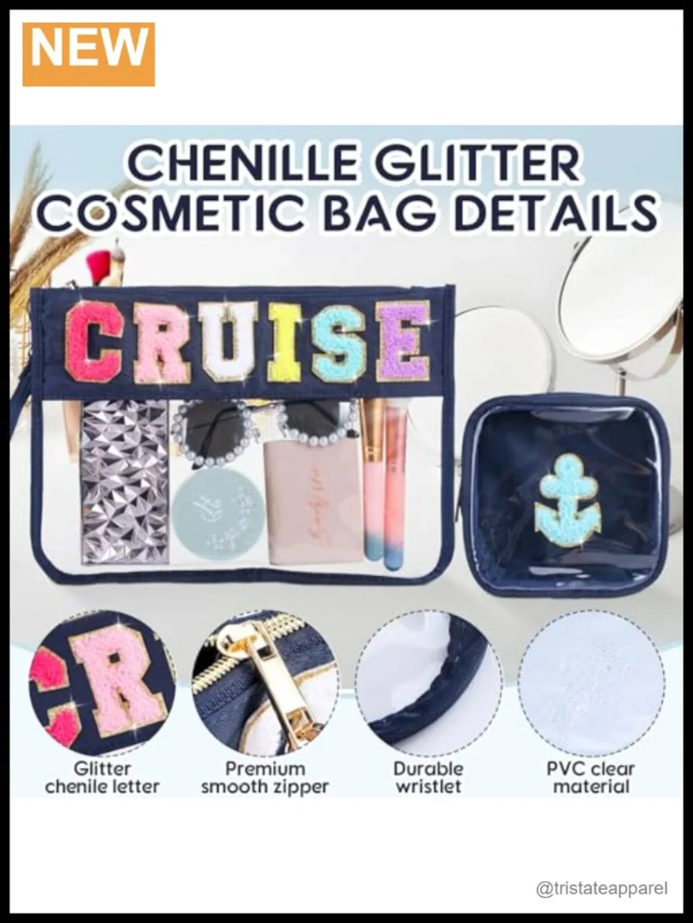 2 Pcs Waterproof PU Cosmetic Bags Travel Pouch Chenille Letter Nautical Anchor